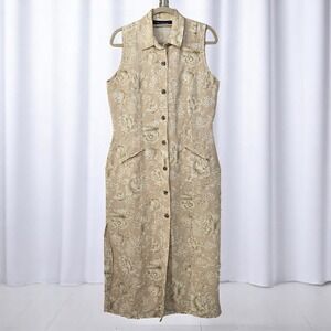 Feniciania Linen Dress Floral Sleeveless Midi Button Front‎ Pockets Size Medium?